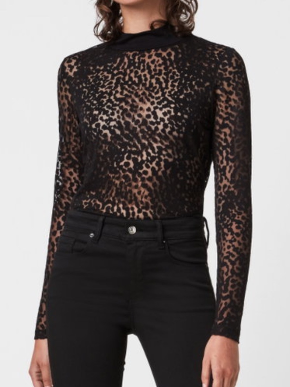NWT Bela Leopard Devore Long Sleeve Mock Neck Bodysuit, Black, Sz US 6
